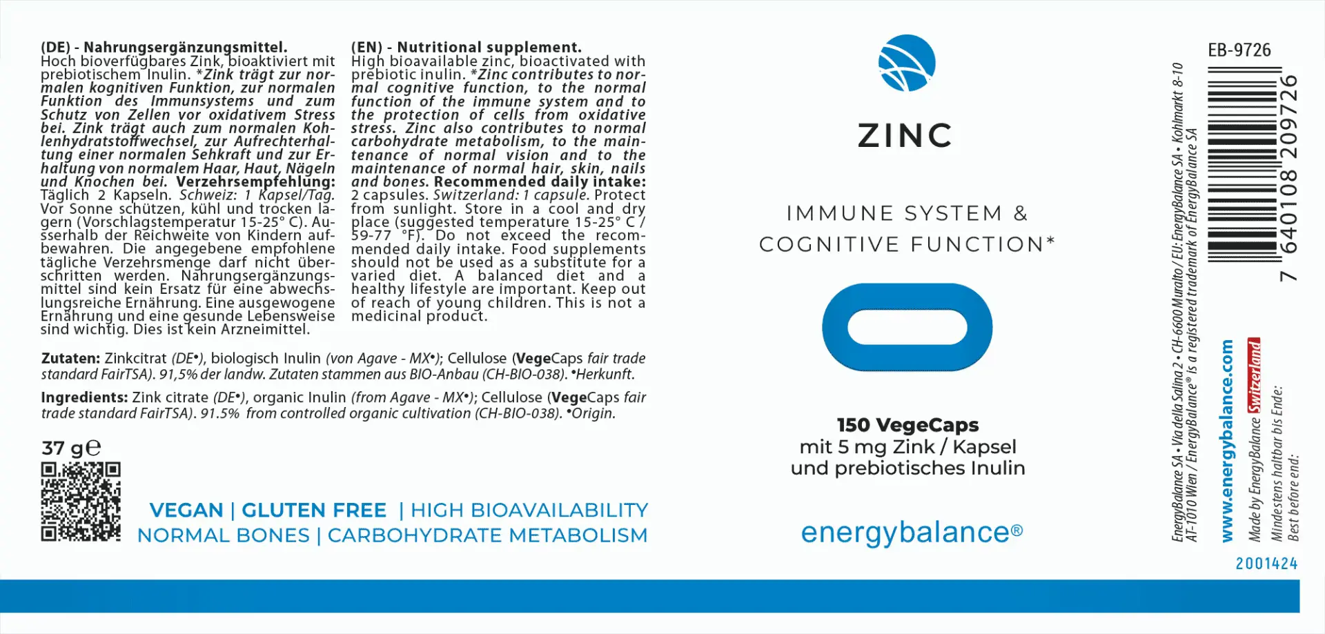 EnergyBalance Zink Citrat 5mg, 150 VegeCaps Immunsystem EAN: 7640108209726