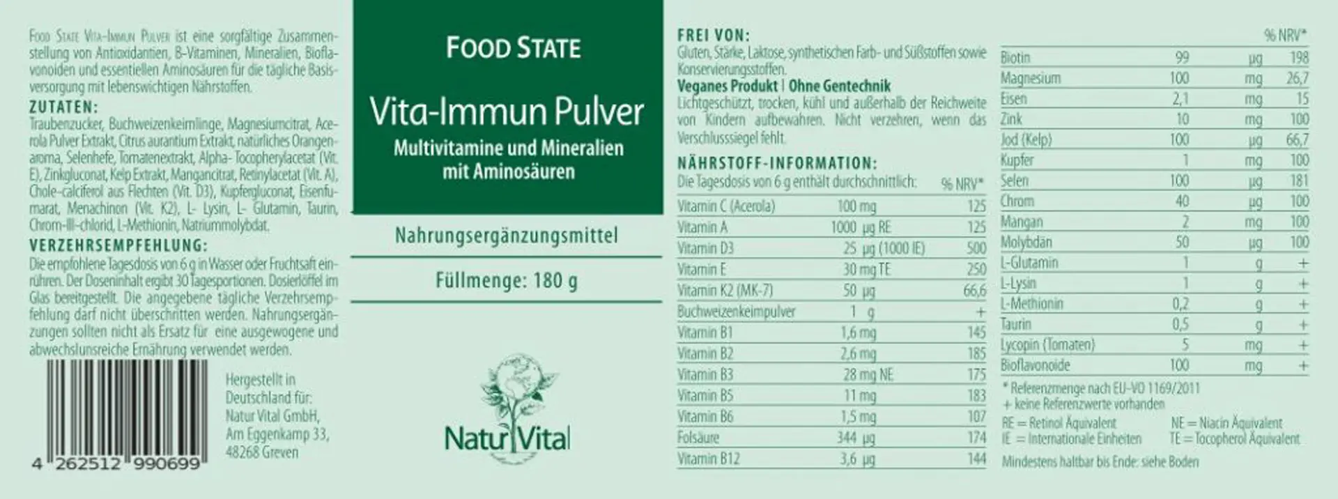 Natur Vital Vita-Immun Pulver FOOD STATE, 180 g  EAN: 4262512990699
