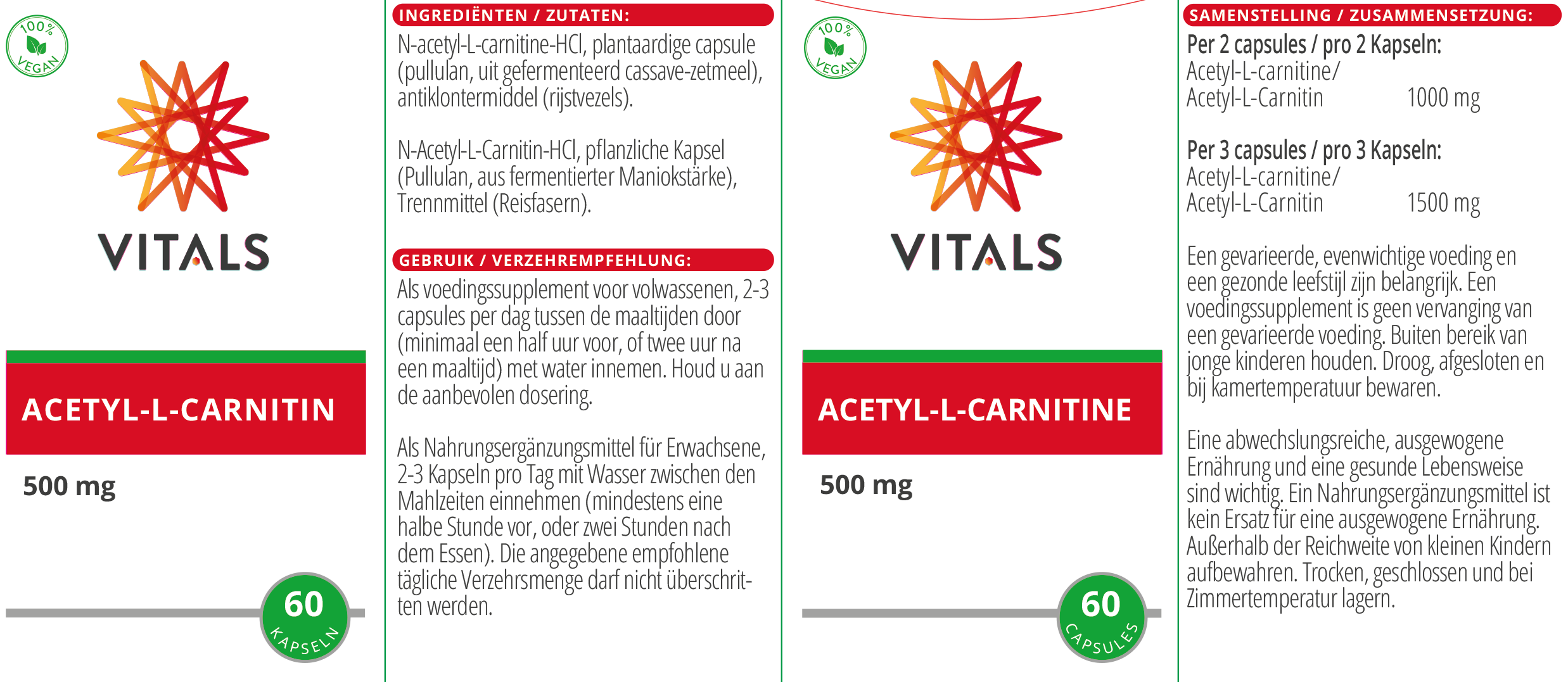 Vitals Acetyl-L-Carnitin 500 mg, 60 Kapseln Mitochondrien EAN: 8716717002863