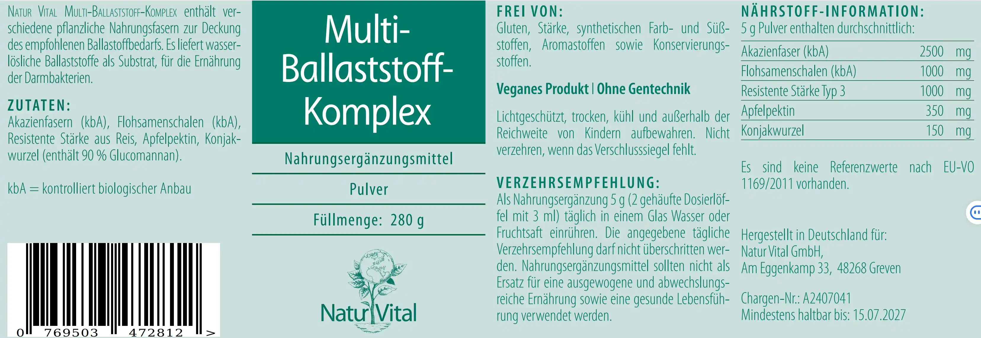Natur Vital Multi-Ballaststoff-Komplex, 280 g Pulver. EAN: 4262512990439