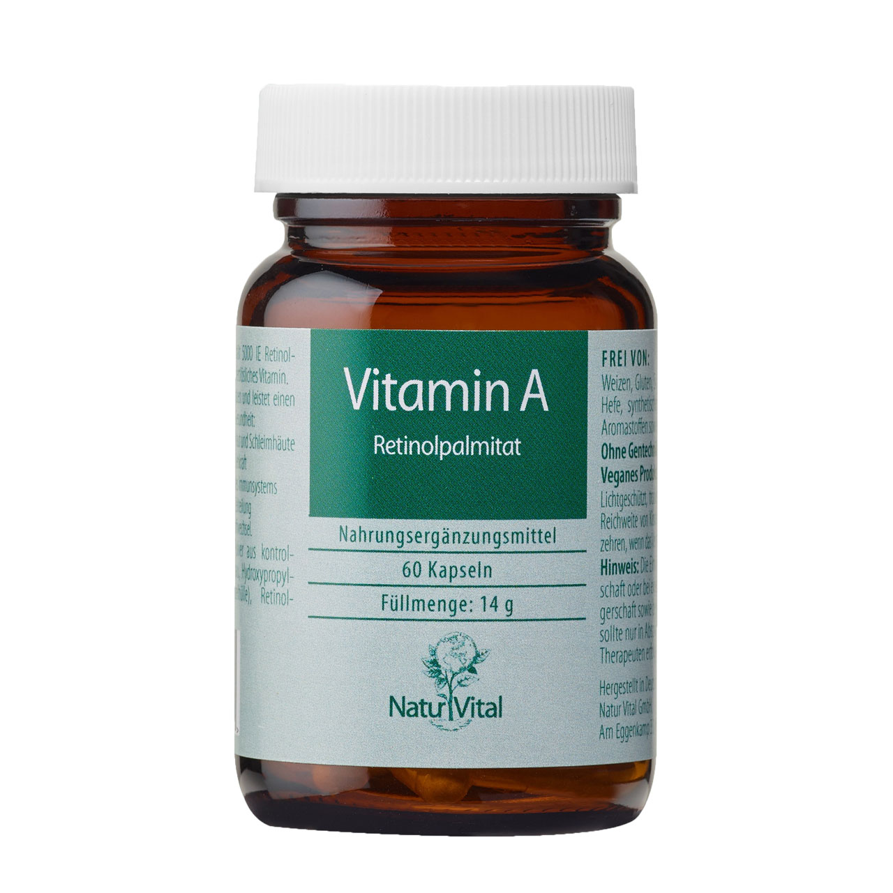 Vitamin A Retinolpalmitat von Natur Vital beinhaltet 60 Kapseln