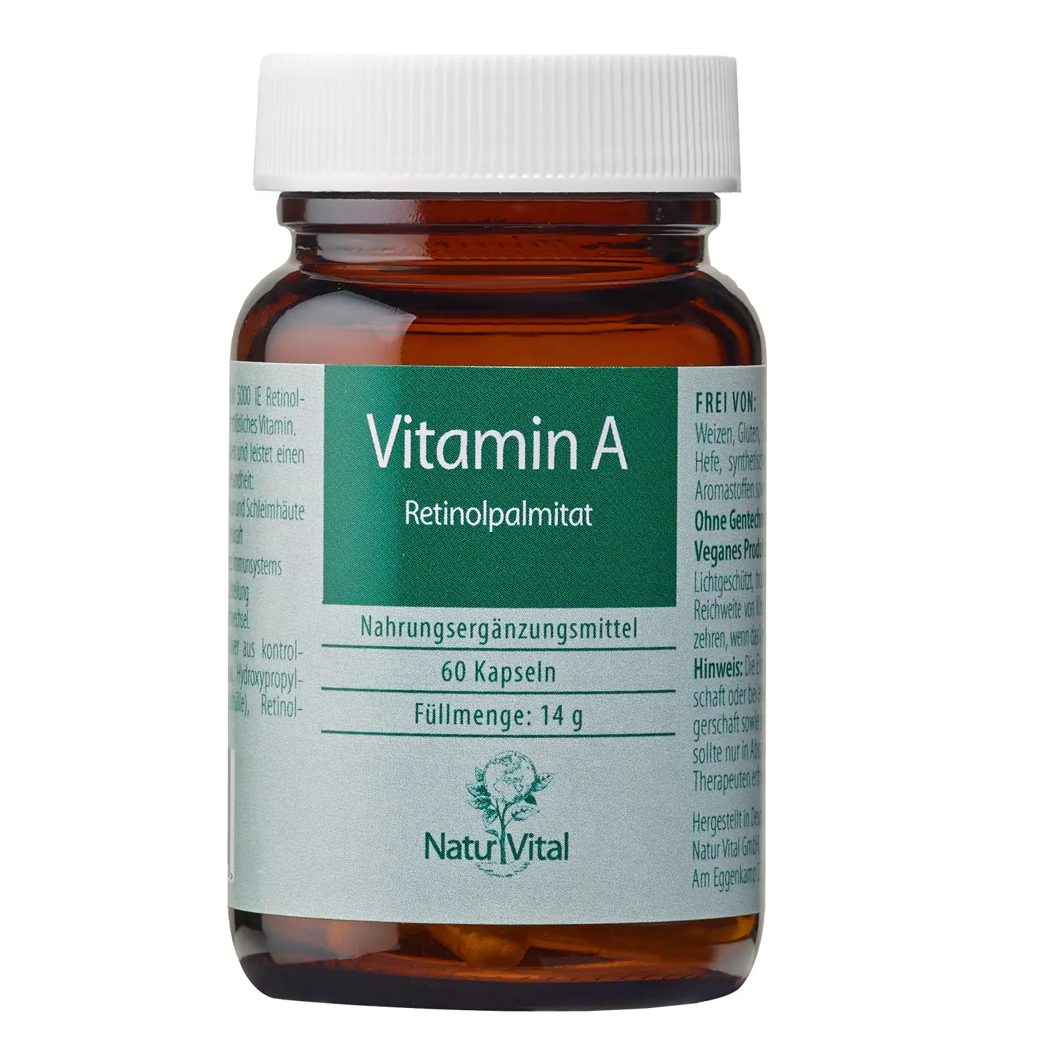 Vitamin A Retinolpalmitat von Natur Vital beinhaltet 60 Kapseln