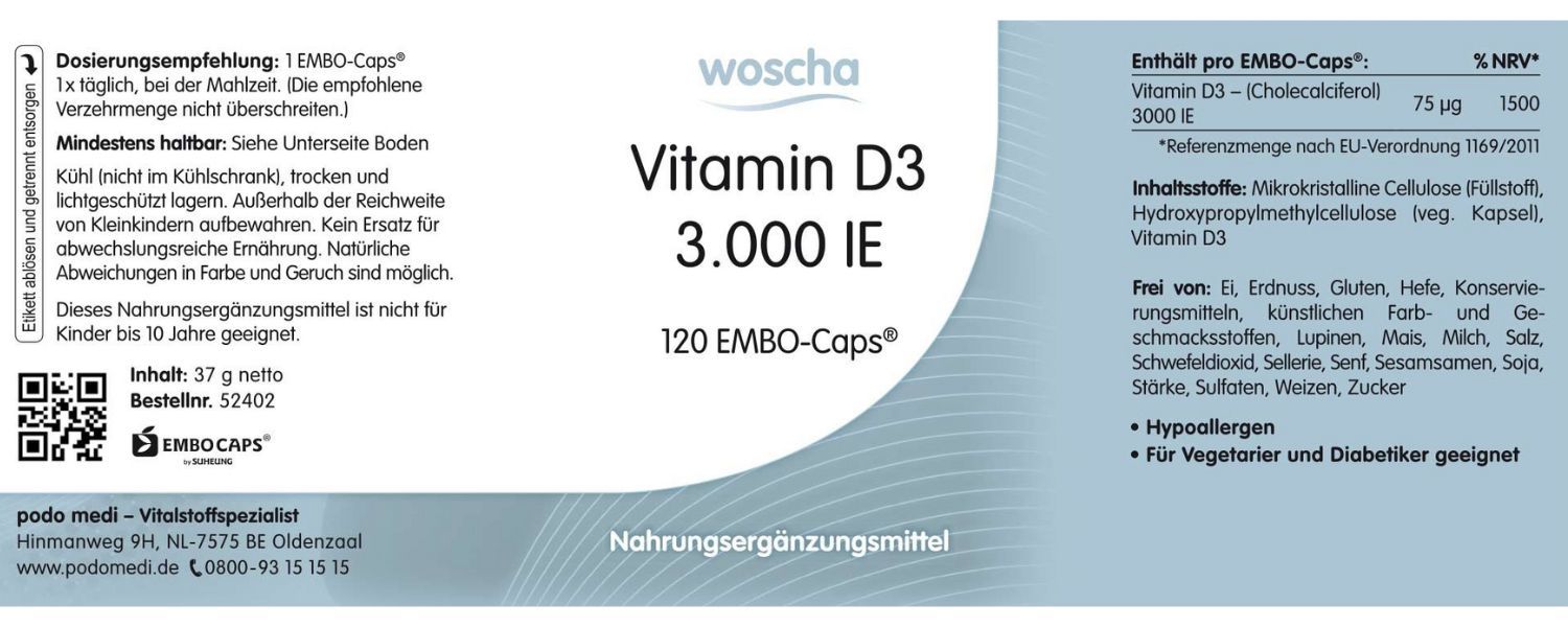 Woscha Vitamin D3 3.000 IE podo medi 120 Kapseln Etikett Woscha Vitamin D3 3.000 IE von podo medi beinhaltet 120 Kapseln Etikett