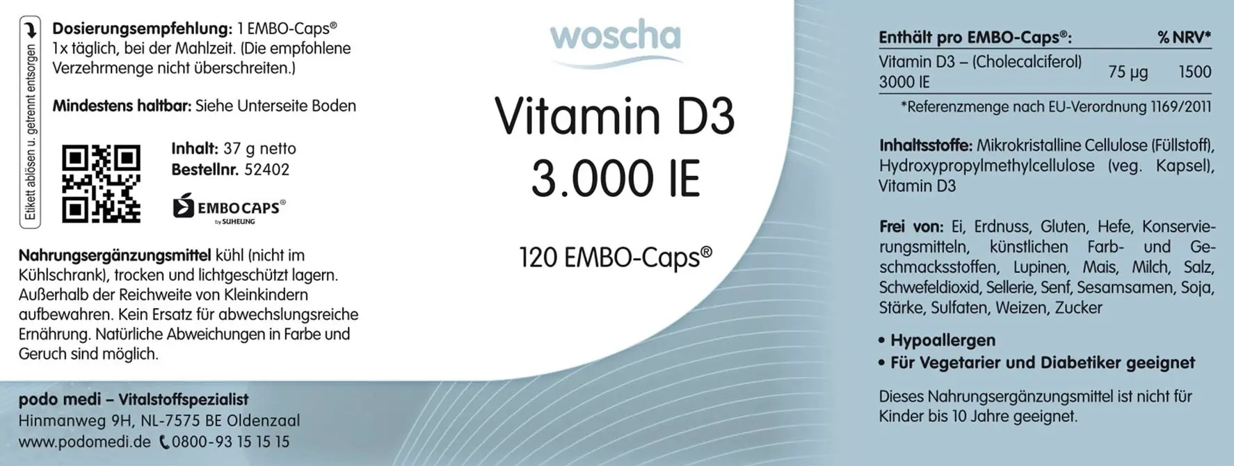 Woscha Vitamin D3 3.000 IE von podo medi beinhaltet 120 Kapseln Etikett