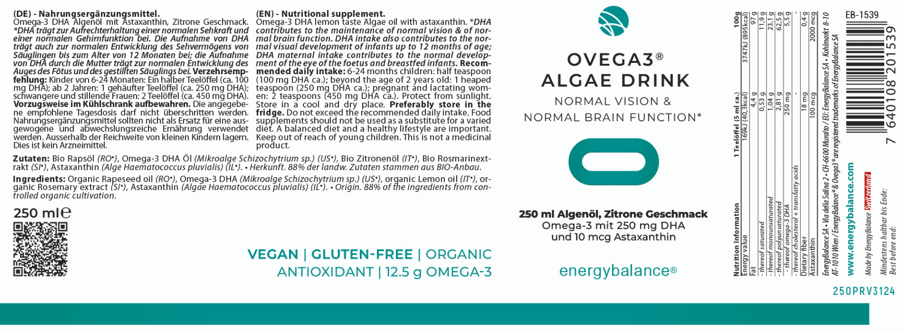 EnergyBalance Ovega3 life drink DHA Algenöl, 250 ml  EAN: 7640108201539