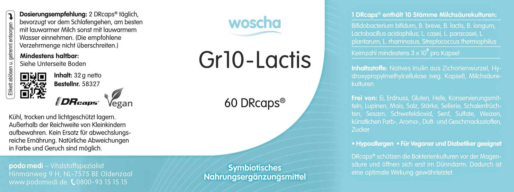 Woscha GR10-Lactis podo medi 60 DRcaps Etikett