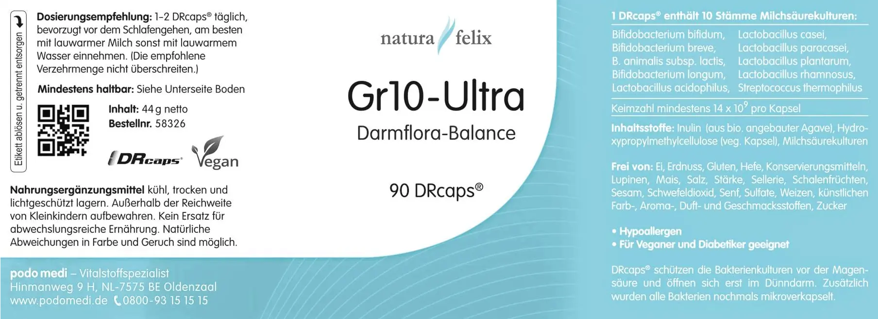 Natura Felix GR10 Ultra-Darmflora-Balance von podo medi mit 60 Drcaps Etikett. EAN: 8717729190296
