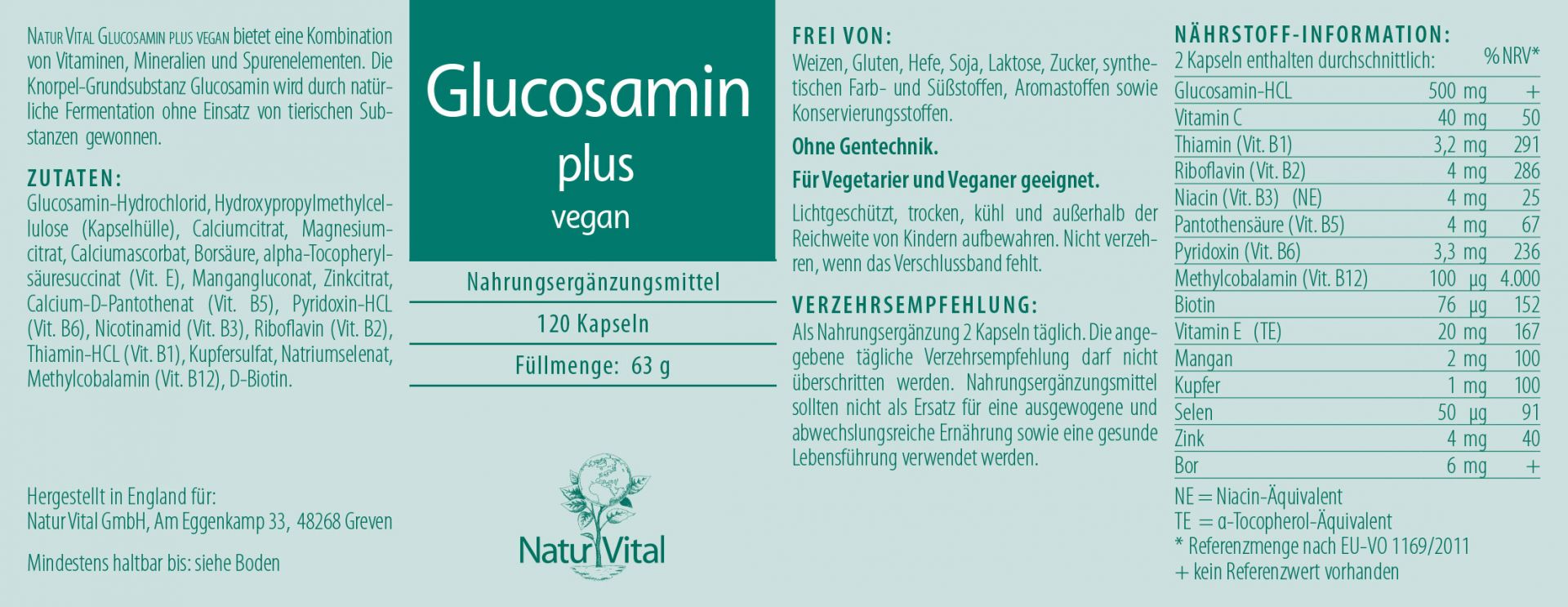 Etikett Glucosamin plus vegan von Natur Vital 